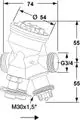 Technisches Diagramm eines Regel- und Regulierventils von IMI Hydronic Engineering. Es zeigt verschiedene Maße und Anschlüsse, darunter G3/4 und M30x1,5.